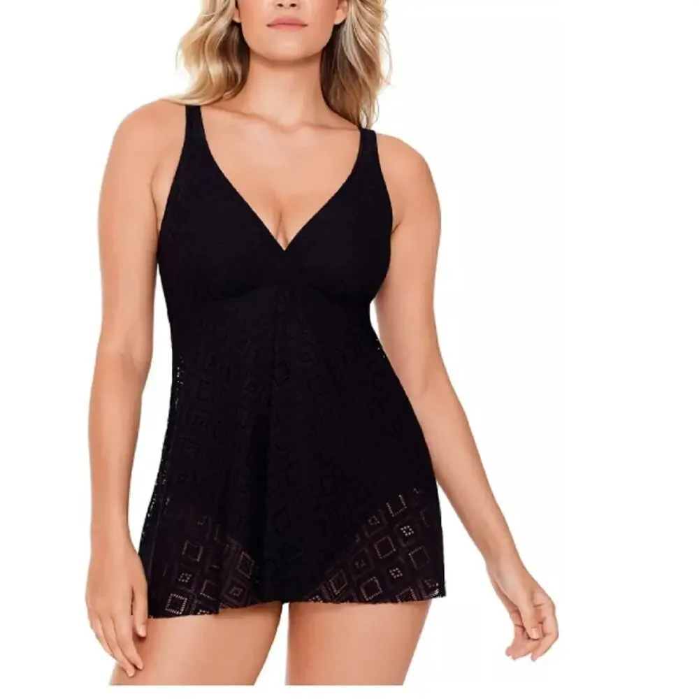 Swim Solutions Crochet Flyaway Tummy-Control Swimdress Black Size 12 - Picture 3 of 3